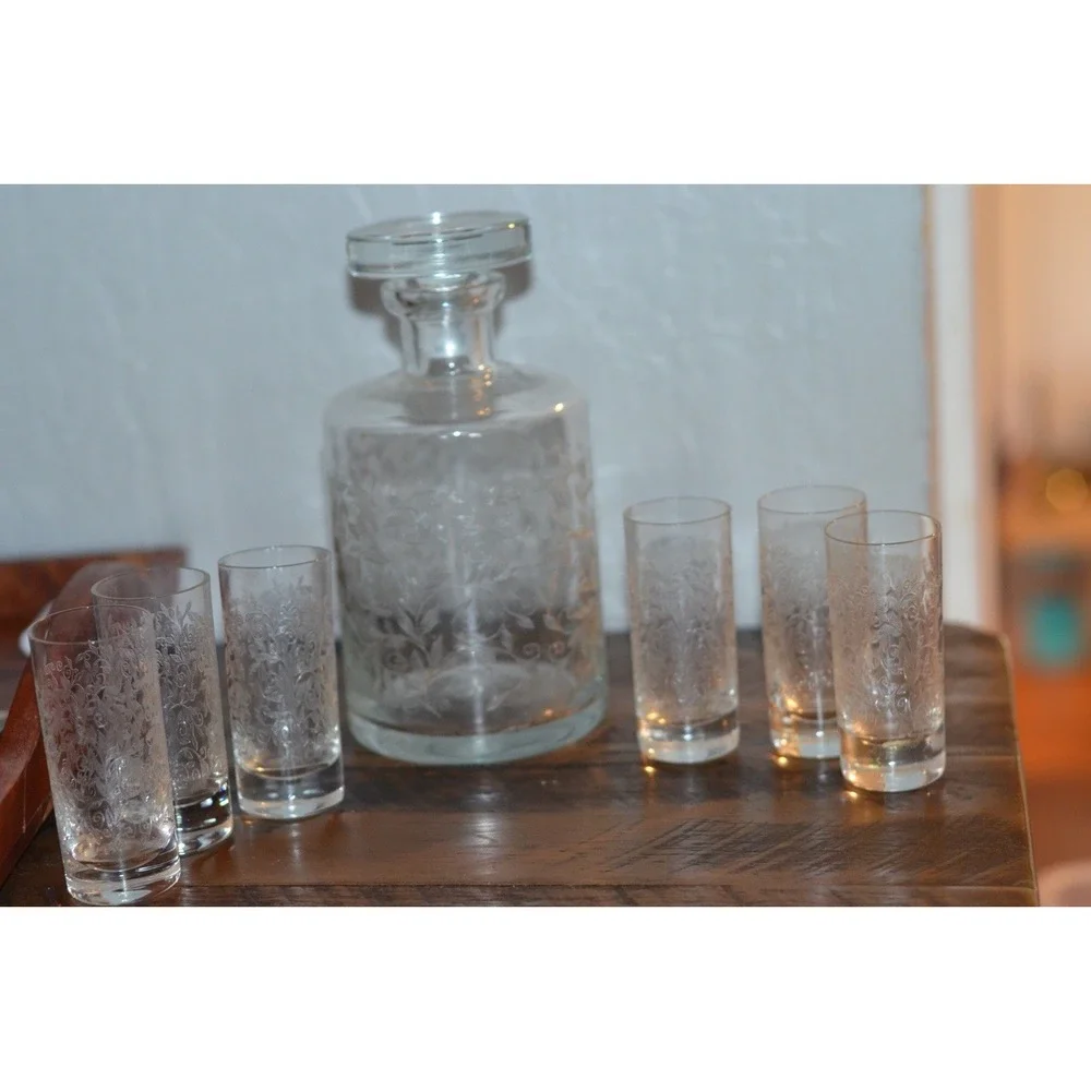 Vintage Etched Glass Liquor Decanter W/ 6 Matching Cordial Glasses- Floral Vine
